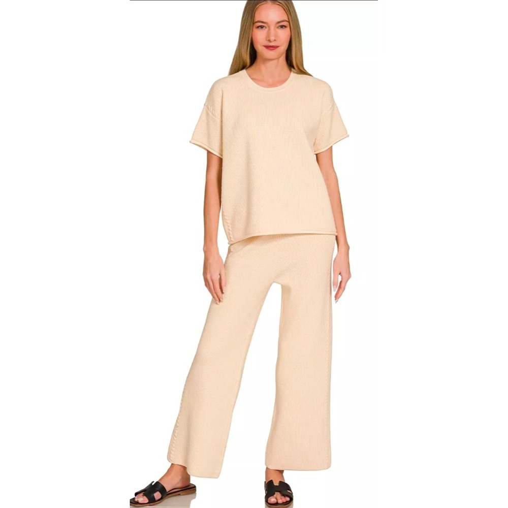 Zenana Knit Lounge Set Cream Ribbed Short Sleeve Top Wide Leg Pants 2 Piece Set